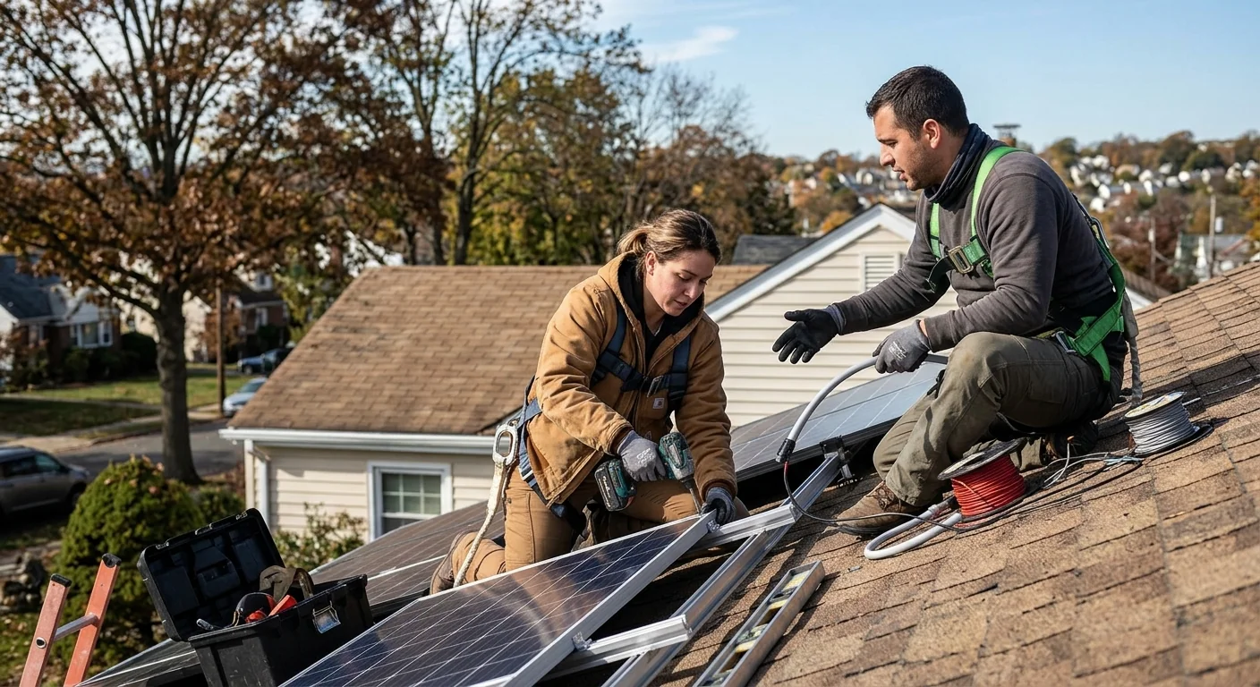 Solar crew reviewing rooftop panel layout on a Clifton home