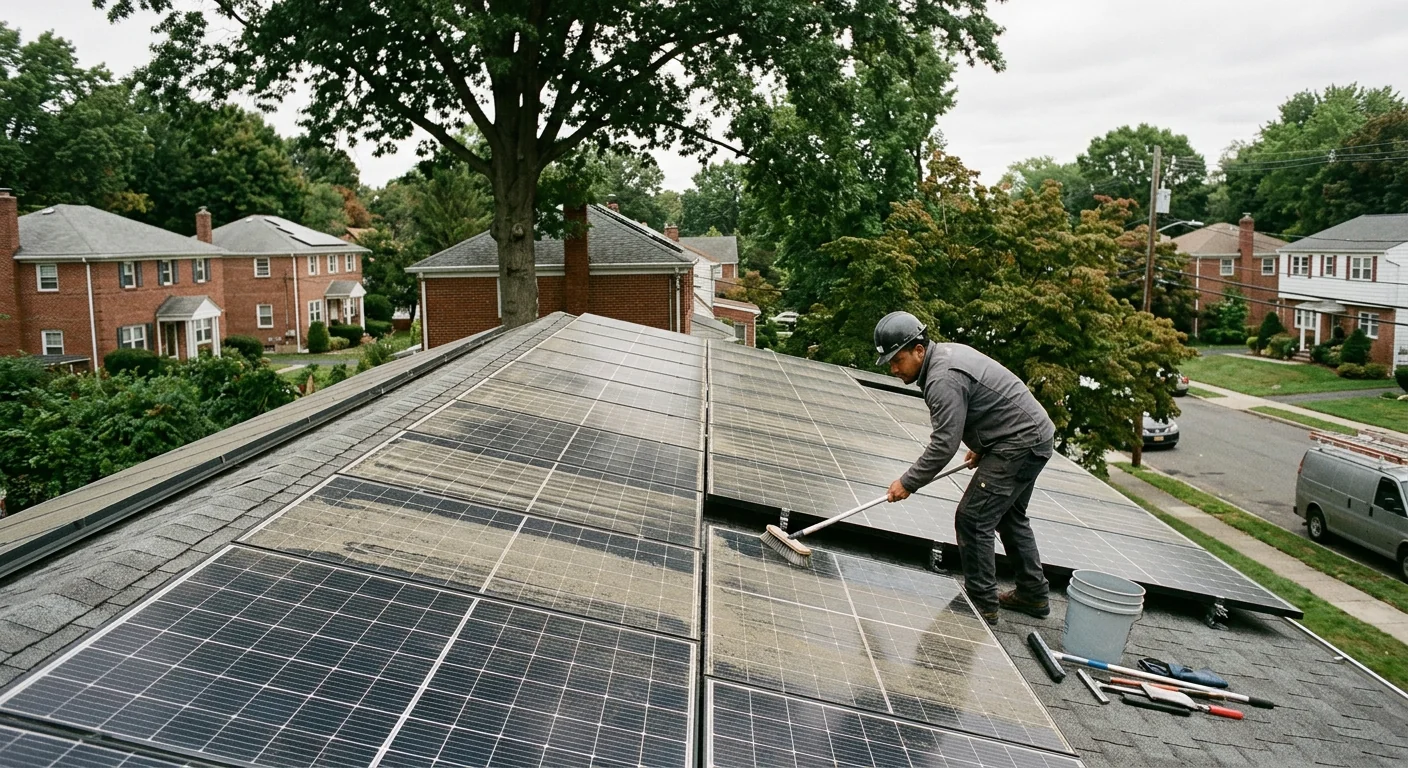 Rooftop solar array partly shaded by tall trees losing production