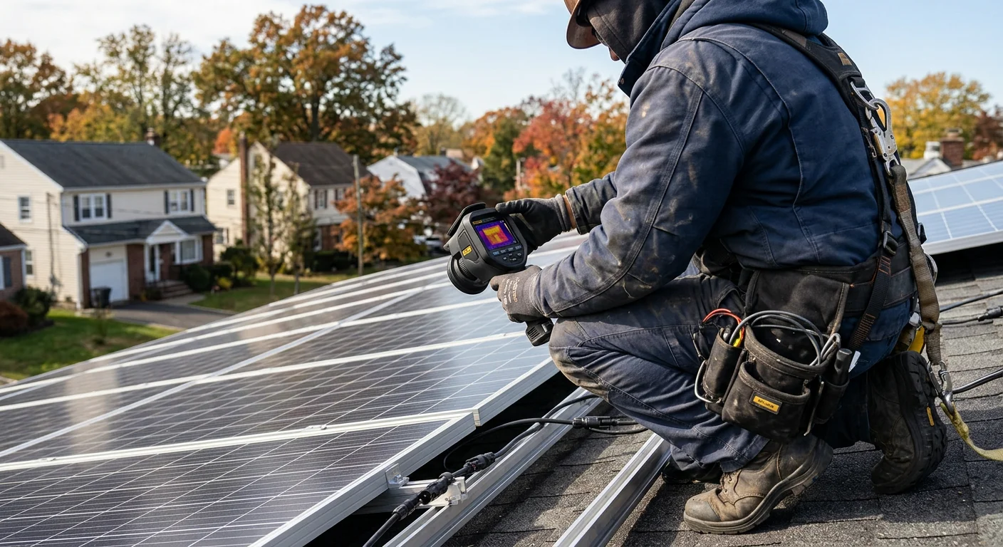Technician scanning solar panels for hot spots during inspection