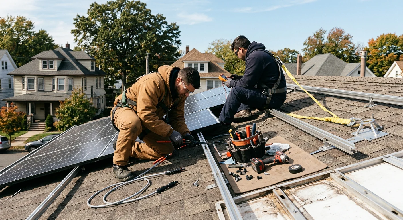 Active solar repair work setup with tools on residential roof