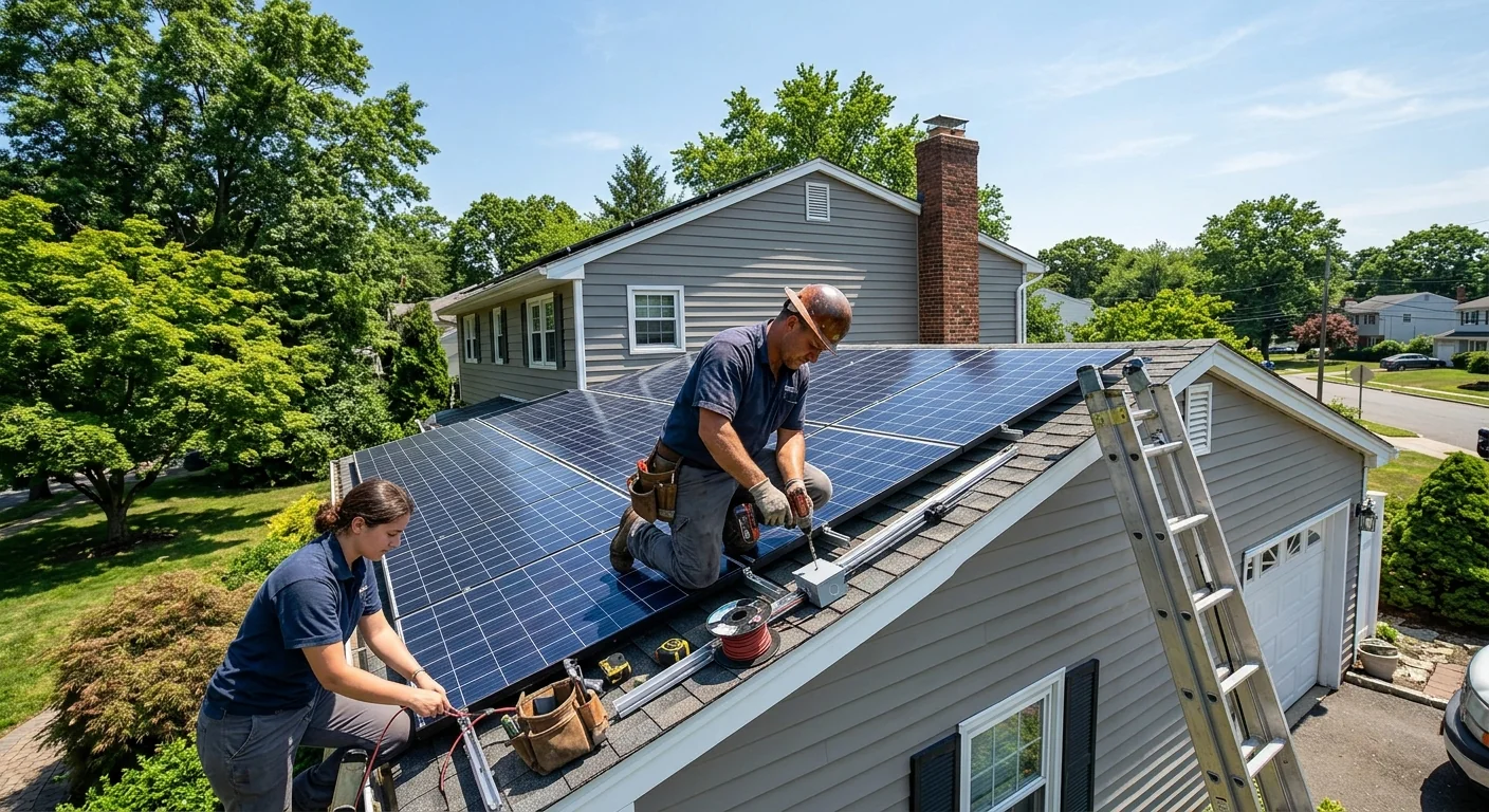Wide view of residential solar array on a Clifton colonial home