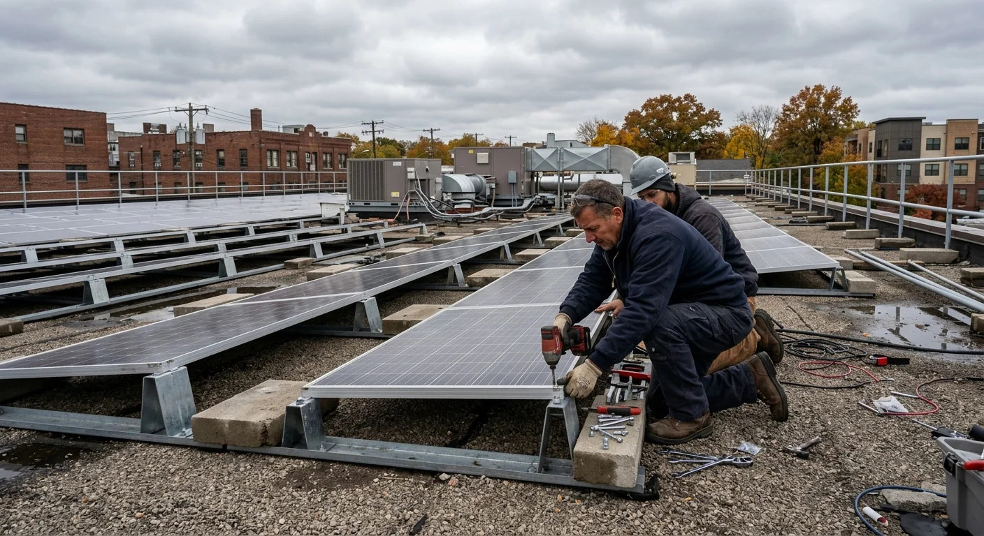 Commercial flat-roof solar installation across a Clifton business property