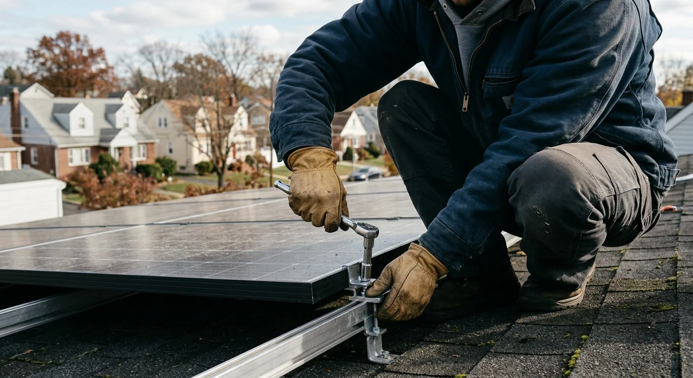 Installer securing solar panel clamps during a Clifton rooftop job